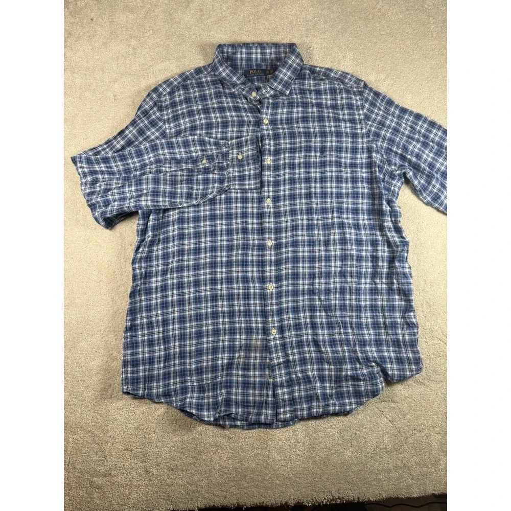 Polo Ralph Lauren Blue Plaid Linen Button Shirt Mens 2XL L/S Pony Preppy Resort*